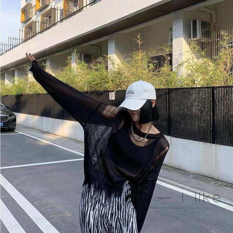 Y2K Schwarz Eis Seide Hohl Dünnen Pullover Damen Langarm Sonnenschutz Top Neue Sexy Lose Kintwear Ripped Bluse Punk stil Pullover