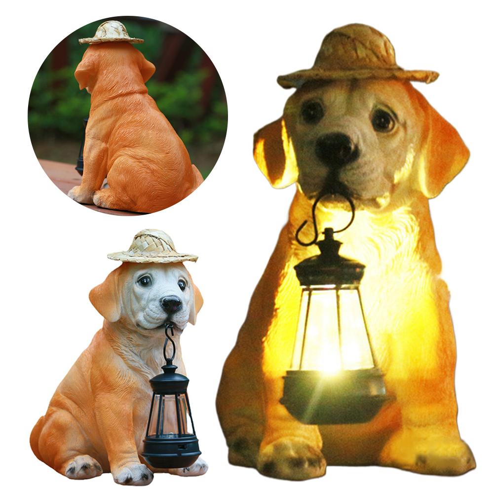 Resin Garden Dog Statues with Straw Hat and Solar LED Lantern Adorable Dog Figurines Puppy Decorations for Yard Patio Lawn Porch
