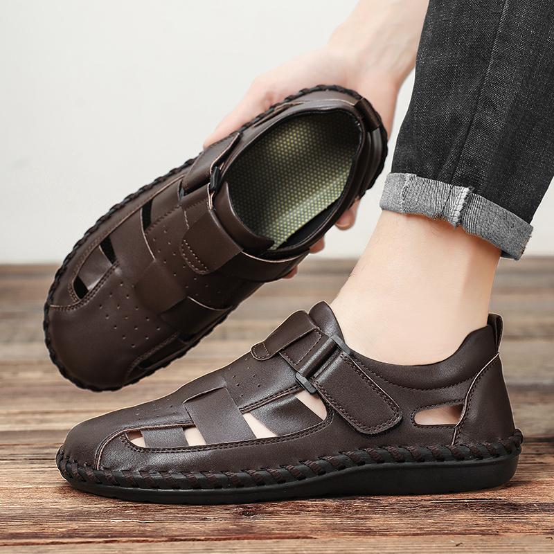 New Leather Summer Loafers Breathable Mens Sandals Durable Handmade Stitching Beach Flats Non Slip Outdoor Man Slip on Sandals