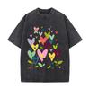 Colorful Heart Flowers Butterfly Whimsical Valentine Pattern Distressed Faded Baggy Streetwear Tops For Park Hangouts