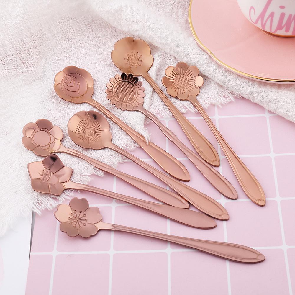 Gold Plated Christmas Flower Mixing Spoon - Japanese Stainless Steel Coffee Stirrer with Custom Logo Option.
