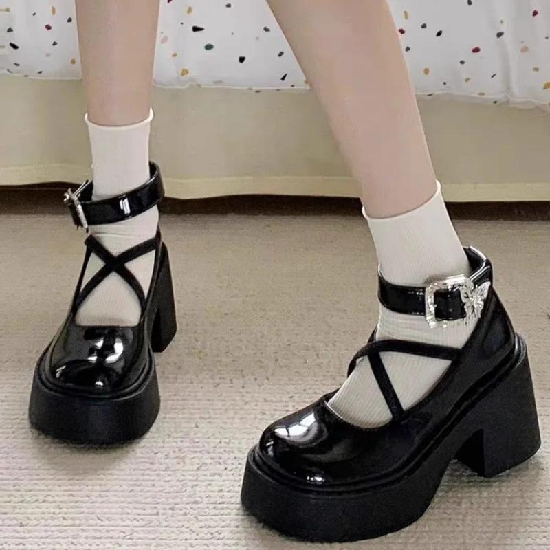 Chunky Platform High Heels Pumps Women 2025 Autumn Pu Leather Ankle Buckle Jane Shoes  Thick Heeled White Lolita Shoes