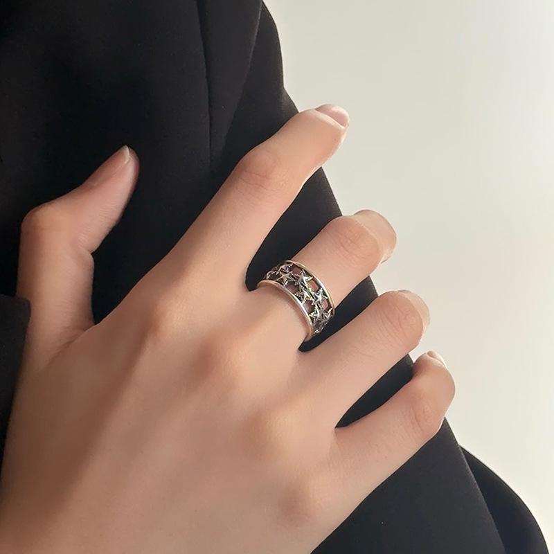 Women's 925 Silver Korean-Style Hollow Star Index Finger Ring - Fashionable Vintage European American Design