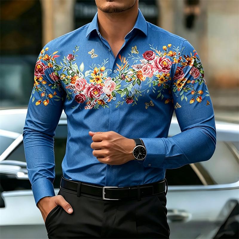 Men's Long-Sleeve Shirt, High-Definition Floral Print White Slim Fit Shirt, European Size Business Casual Men's Top