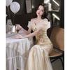 Champagne Sequined Evening Dress Skirt   New One-word Shoulder Waist Fishtail Light Luxury Niche Hosting Banquet Dress