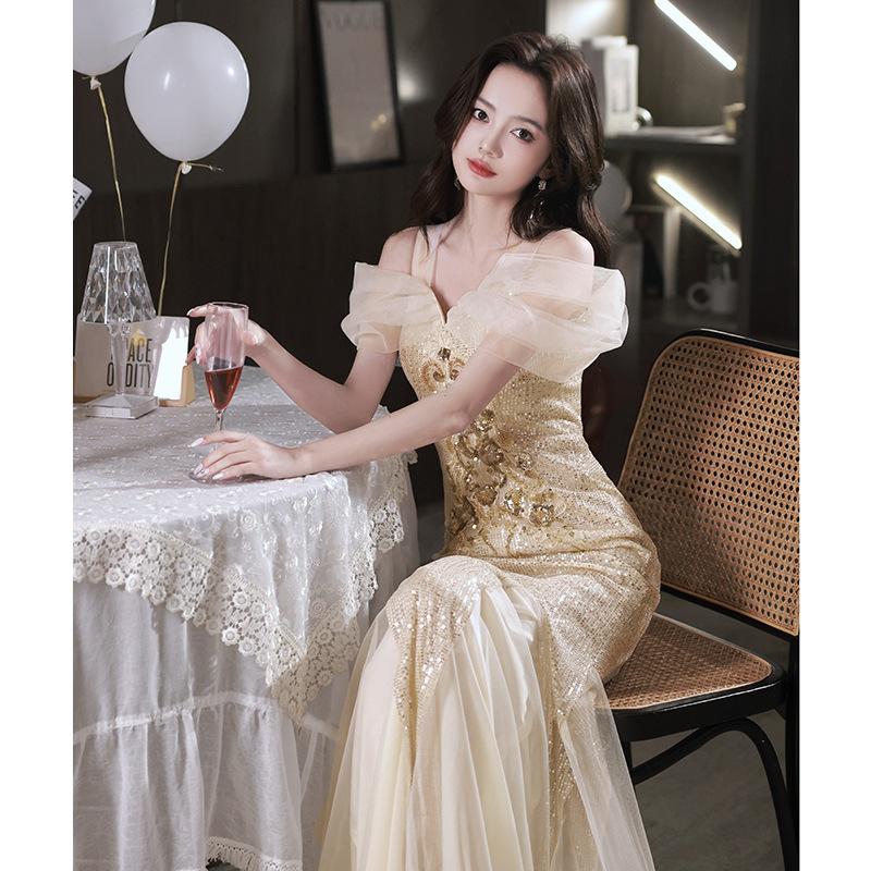 Champagne Sequined Evening Dress Skirt   New One-word Shoulder Waist Fishtail Light Luxury Niche Hosting Banquet Dress