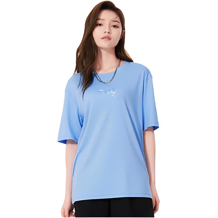 Li Ning SS22 Cherry Blossom Series Cotton Crew Neck Loose Short Sleeve T-Shirt Women T-Shirt Blue AHSS924-2
