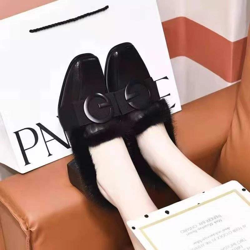 

Плюшевые хлопковые туфли женские зима 2025 новые туфли-бини из норки на среднем толстом каблуке лоферы с волосами 35