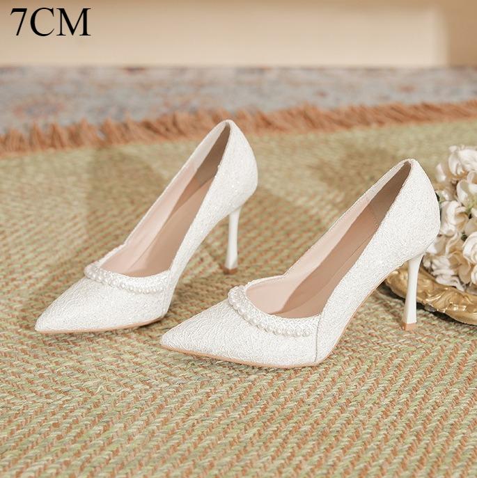 Fashion High Heels Women's New Pearl Lace High Heels Womens Thin Heels Pointed Bridesmaids Solid Color Large Size Wedding Shoes