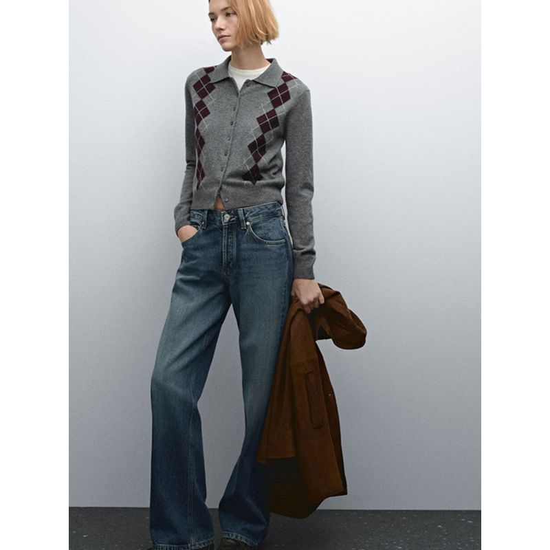 MD Women's Clothing New British College Style Diamond Pattern Short Wool Polo Collar Knitting Cardigan 05746639802