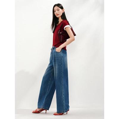 JUZI ANNACO Women's Retro Elastic Waist Loose Denim Wide-Leg Pants