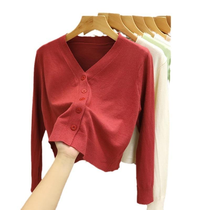 Short Knitted Cardigan Jacket Women's Spring and Autumn New Black Outer Sweater Long-sleeved Bottoming Shirt, Top