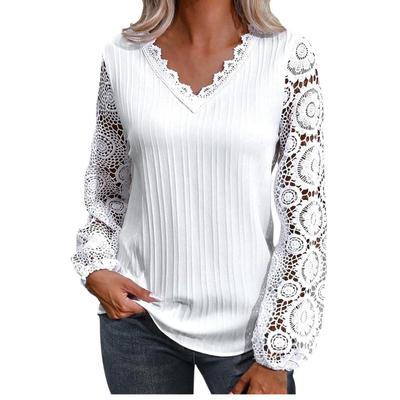 New Fashion V-neck Casual Loose Women Lace Shirt Hollow Out Long Sleeve Casual Plus Size White Blouse Women Elegant Loose Female Shirts Tops 24955