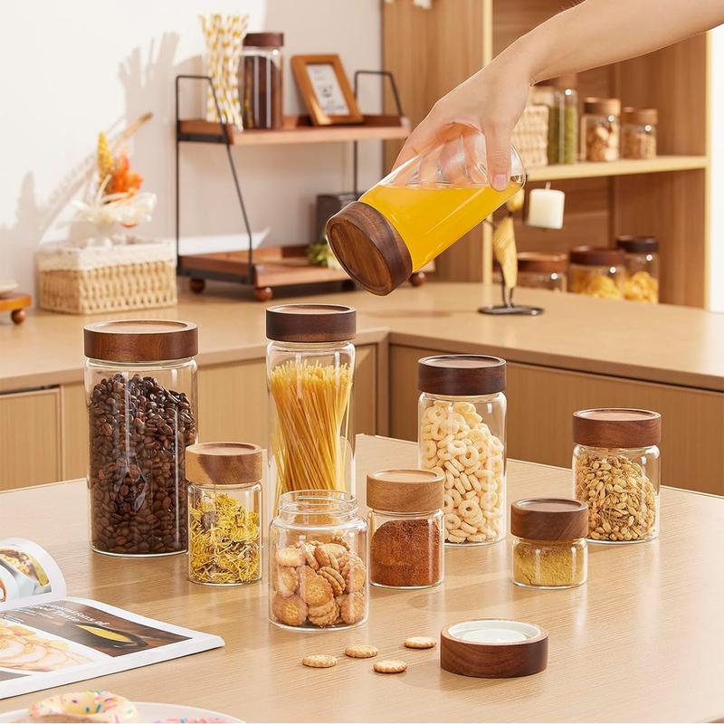 Glas-Lebensmittelaufbewahrungsgläser mit Schraubverschluss, luftdicht, Akazienholzdeckel, Gewürzgläser mit Deckeln, Organisation für Gläser, Flaschen, Behälter