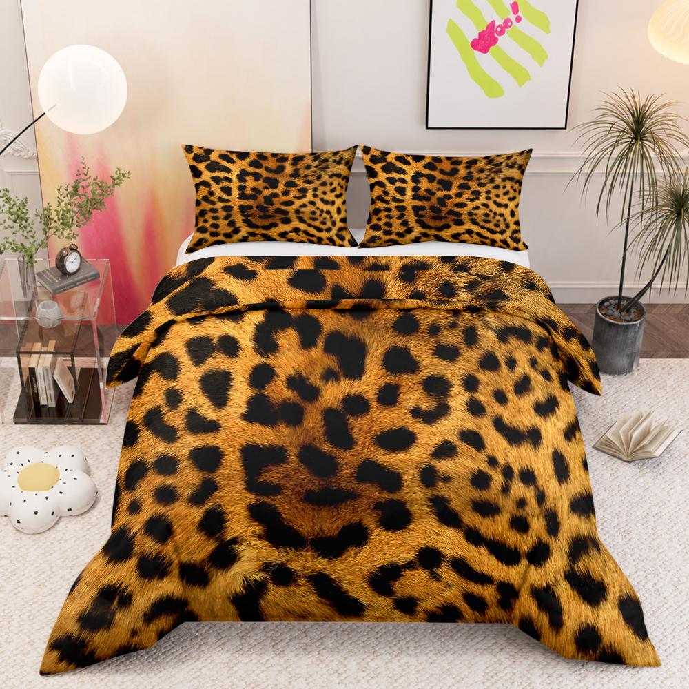 Leopard Cheetah Fur Print 3 Piece Bedding Set, Animal Skin Pattern Duvet Cover Set for Modern Bedroom Decor Gift