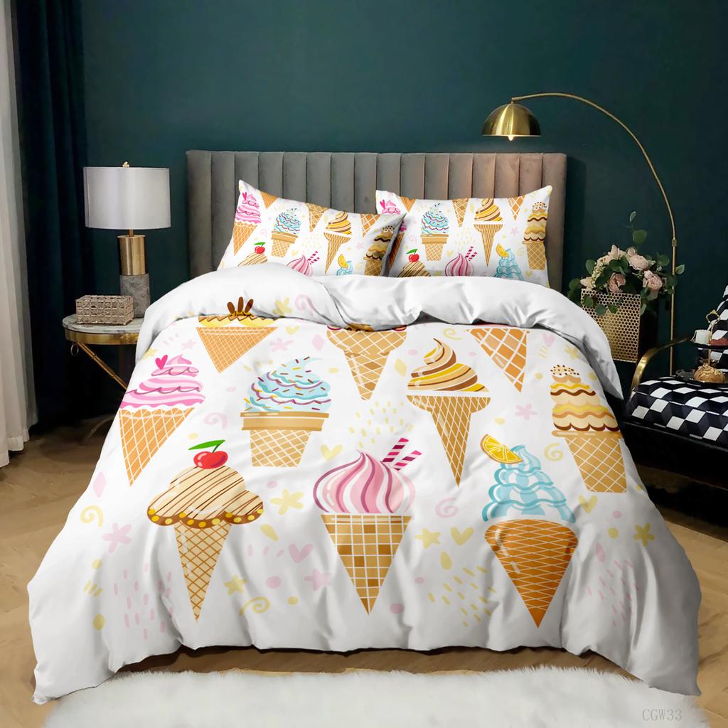 Ice Cream Duvet Cover Set Colorful Ice Cream Sweet Style Bedding Set for Boys Girl Microfiber Summer Queen King Size Quilt Cover