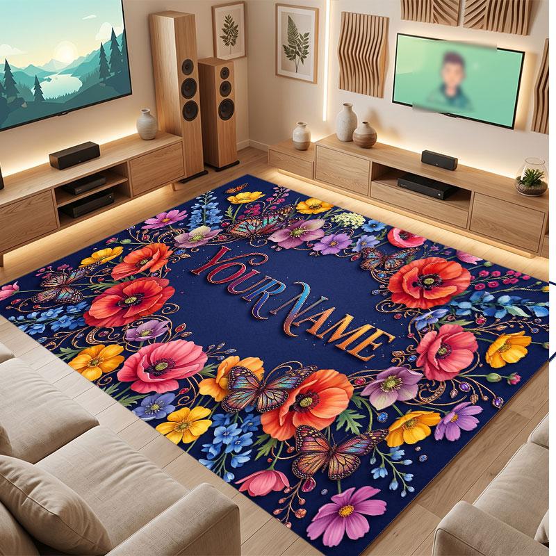 Floral Garden Theme Crystal Velvet Floor Rug Personalized Custom Name Text Warm Carpet Home Decoration