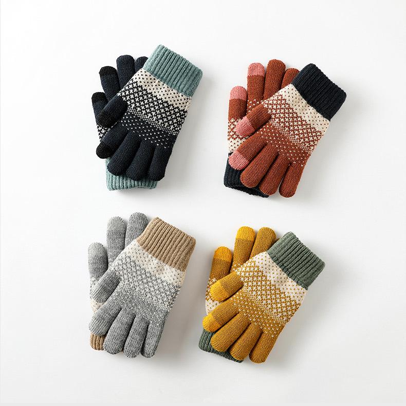 Gants Tricotés pour Femmes Velours Double Couche et Épais Anti Froid Écran Tactile Doigts Séparés Chaud Extérieur Gants de Cyclisme