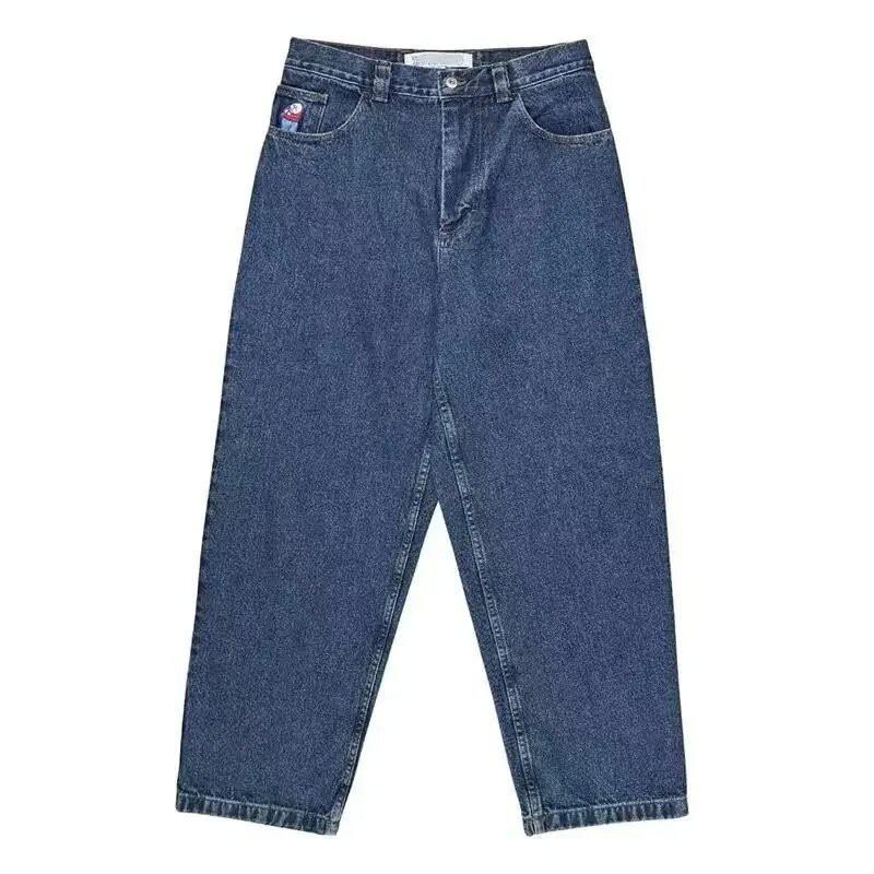 Mens Y2K Retro Loose Fit Denim Pants High Street Casual Punk Wide Leg Jeans Cotton Blend Mid-Rise Straight Cut