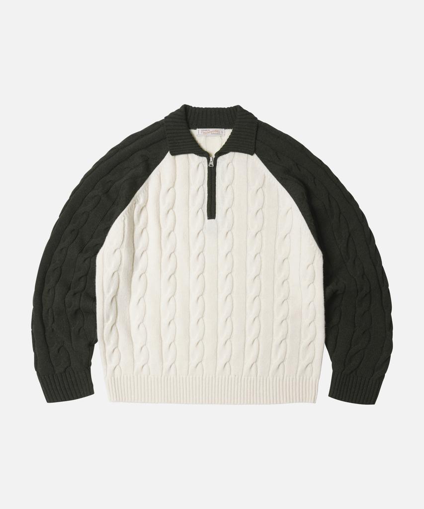 FRIZMWORKS Wool Cable Raglan Half Zip Knit _ Dark Olive