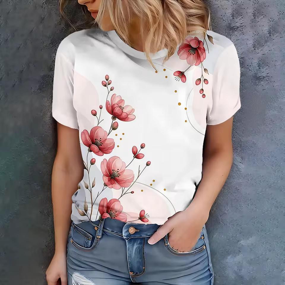 Summer Simple Fresh Style Flower Patter Women Fashionable Comfortable Loose Large Size T-shirt