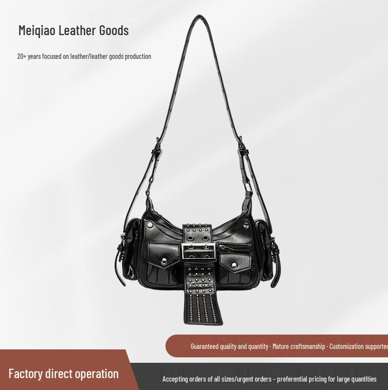 Niche Distressed Leather Single-Shoulder Bag with Personalized Rivets, Workwear Style Underarm Crossbody Bag