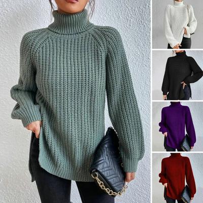 Turtleneck Raglan Long Sleeves Side Split Hem Women Sweater Winter Solid Color Loose Warm Sweater Jumper