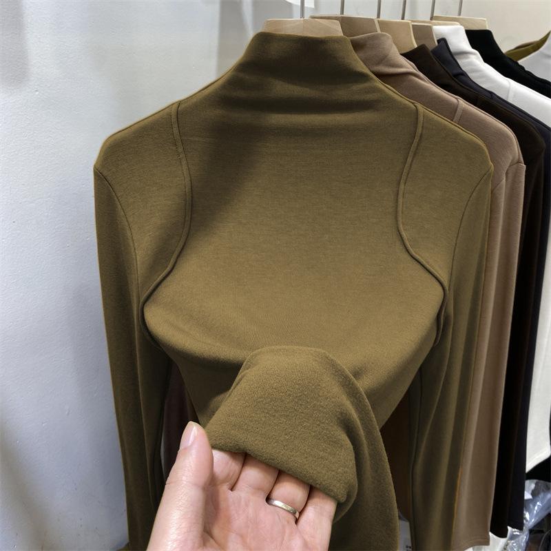 Half Turtleneck Bottoming Shirt for Women Autumn and Winter New Style Plus Velvet Long-sleeved T-shirt Slim Fit Top