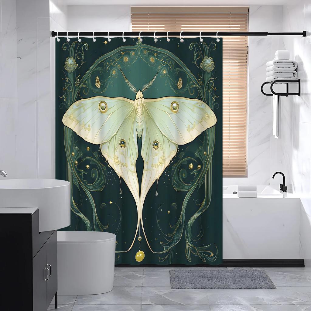 ~O~Tenda da Doccia Art Nouveau Falena - Verde Chiaro, Motivi Dorati & Ocelli, Poliestere, Lavabile in Lavatrice, 12 Ganci, Decorazione Bagno