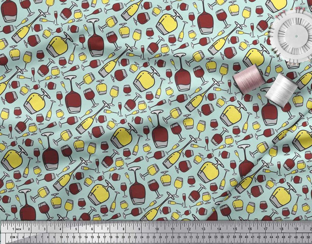 Soimoi Japan Crepe Satin Fabric Bottle & Wine Glass Bar Printed Craft Fabric by the metre 42 Inch