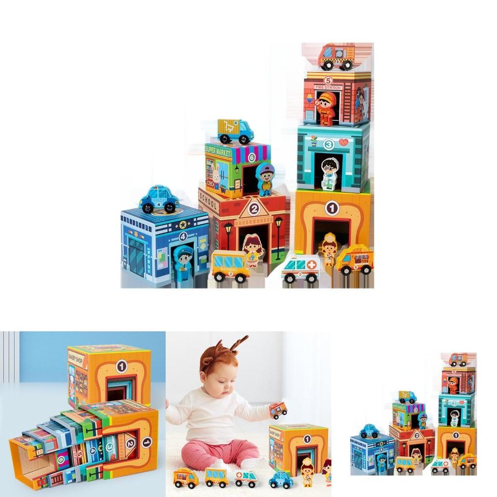 Wooden Stacking Toy Set For Early Education And Logic Development With Traffic Scene For Kids