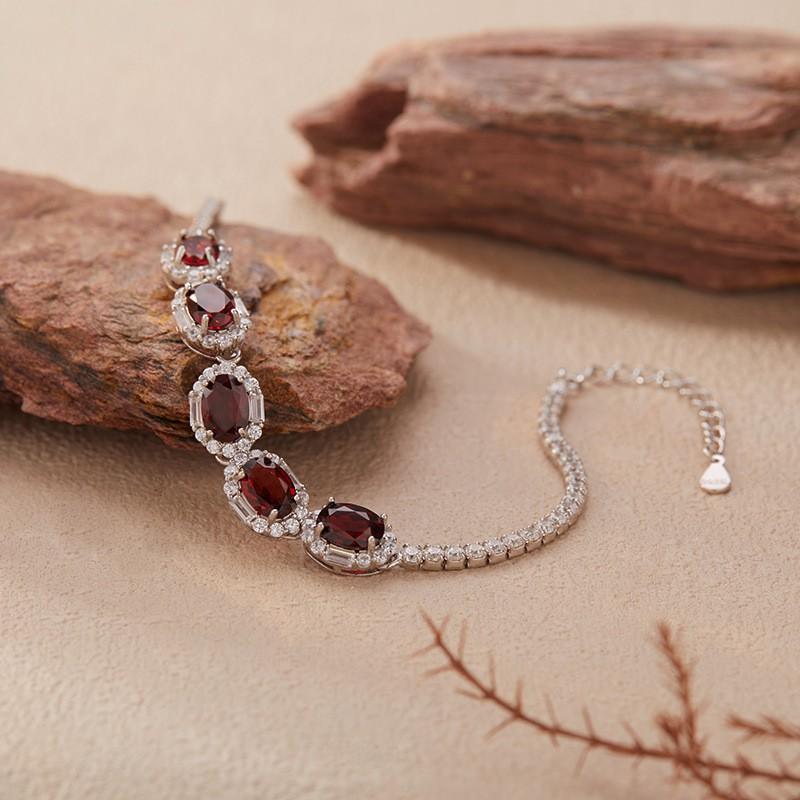 Sterling Adjustable Tennis Chain Bracelet With Natural Garnet Gemstones Pave Zircon Accents Women