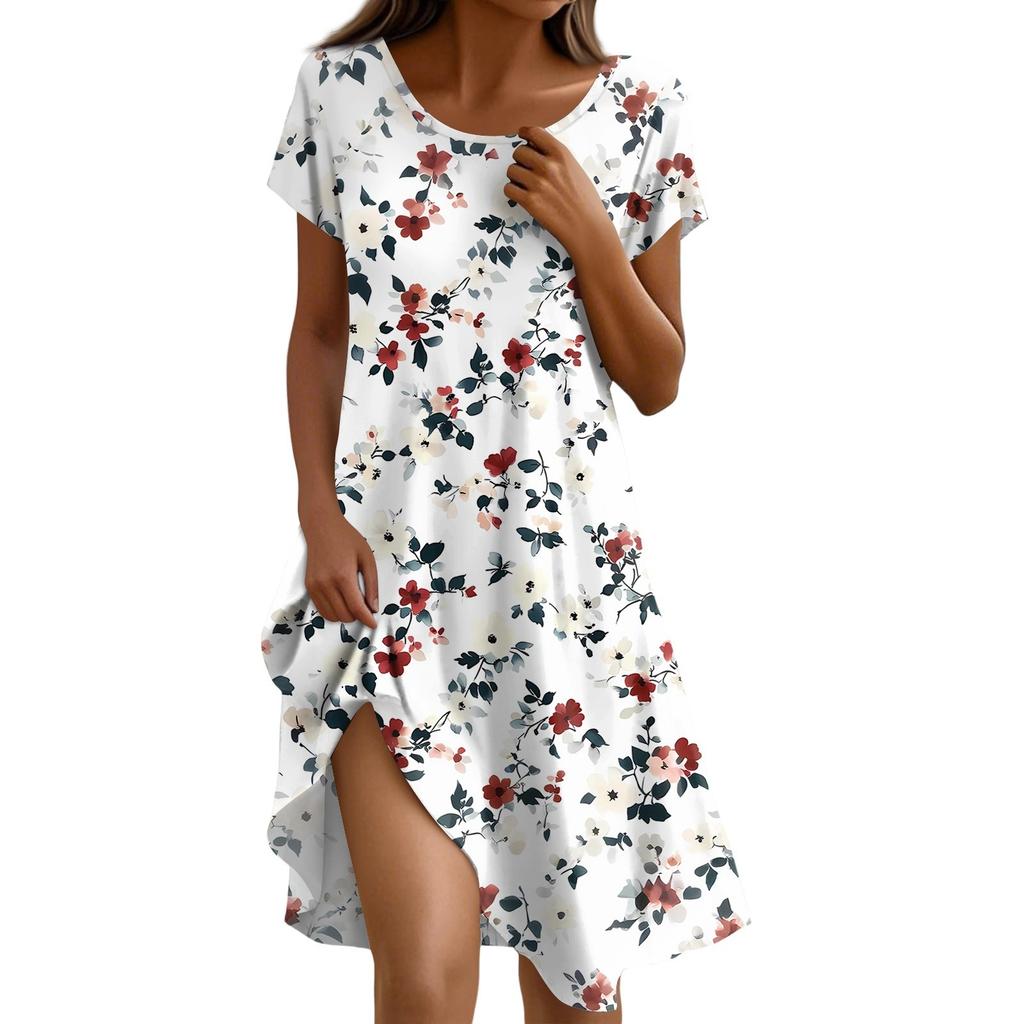 Kurzärmeliges Boho-Kleid für Damen, lässig, lockere Passform, Sommerkleid mit Print, Rundhalsausschnitt, mit Taschen