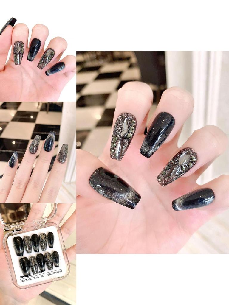 Trendy Black Cat Eye Manicure Stickers Sparkling Gems And Handcrafted Design