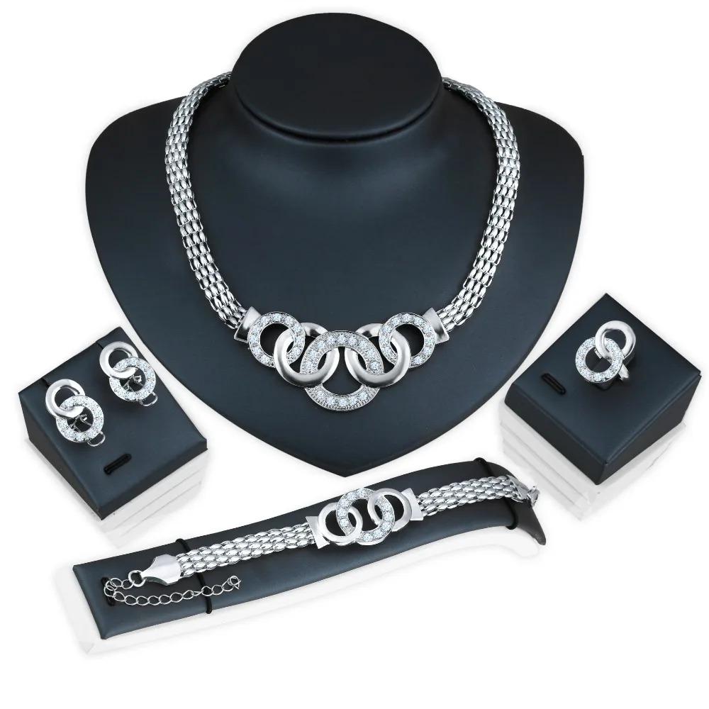 Set da 4 Pezzi Lusso Colore Oro Cerchio Geometrico Zircone Collana Orecchini Anello Bracciale per Donne Charme Matrimonio Sposa Set di Gioielli