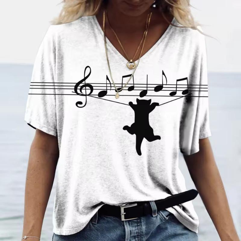 Cartoon Cat Women's T-shirts V-Neck Cute Cat 3D Print Short Sleeve Summer Kawaii Fashion Casual Tee Shirts Funny Femininity Clothes