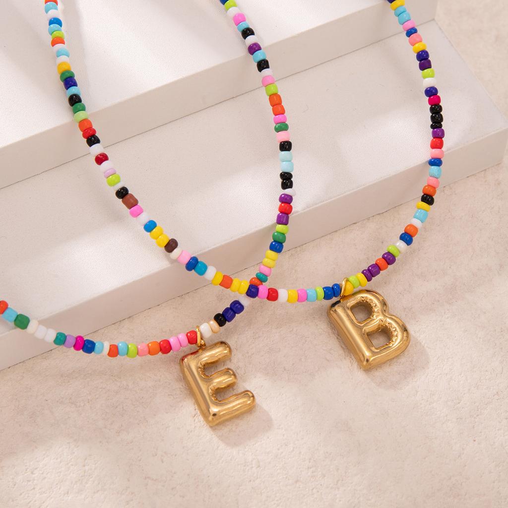 Bubble Alphabet Colored Rice Beads Handmade Beaded Delicate Beach Bohemian Necklace Collarbone Chain