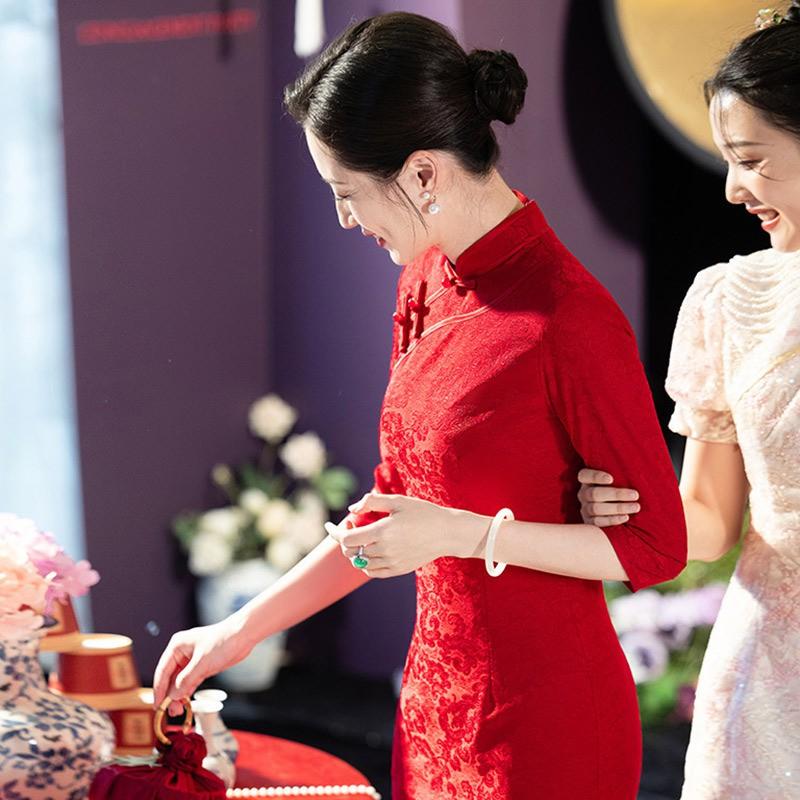Elegant Vintage Cheongsam Dress Mother Of Bride Wedding Guest Outfit Long Sleeve Formal Gown