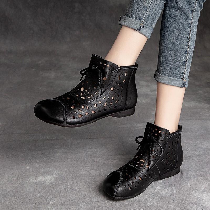 Johnature Sommer Stiefeletten für Frauen Schuhe Aus Echtem Leder Runde Kappe Handgemachte Retro Aushöhlen Atmungsaktive Sandalen