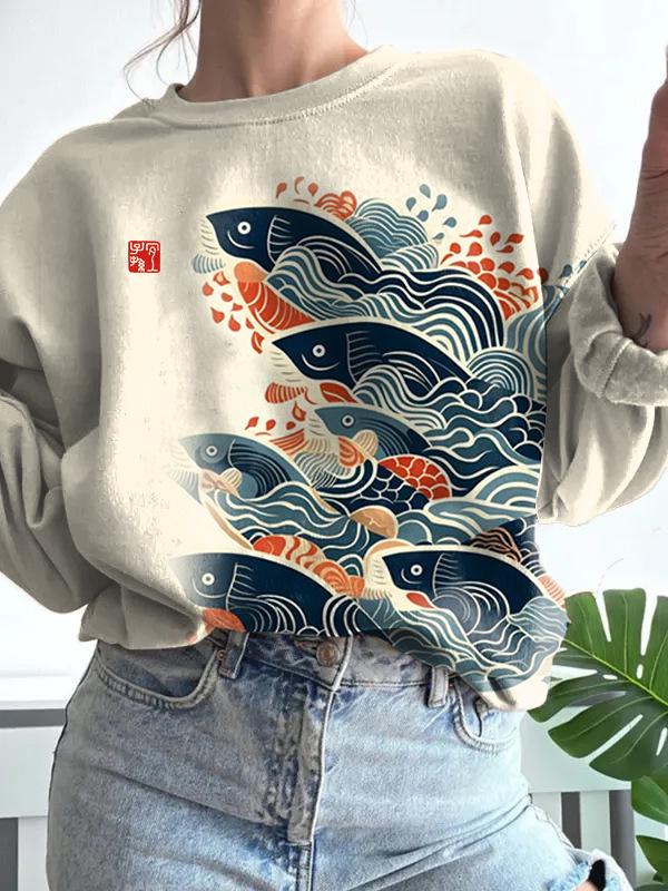 Ethnic-Style Japanese Mallow Wave Print Sweatshirt with Round Collar - 2024 Autumn/Winter Collection