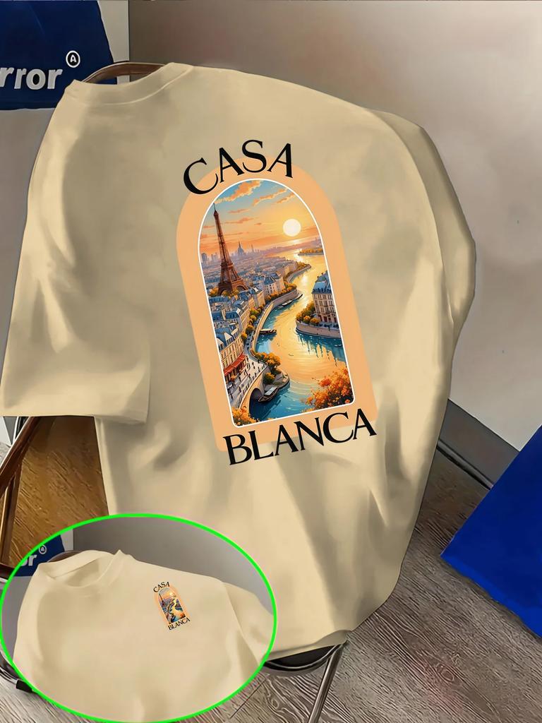 Beige Sommer Essential T-Shirt Mit Kunstwerk Einer Pariser Stadtsilhouette Bei Sonnenuntergang, Hergestellt Aus 100% Baumwolle, Bequem Und Leicht