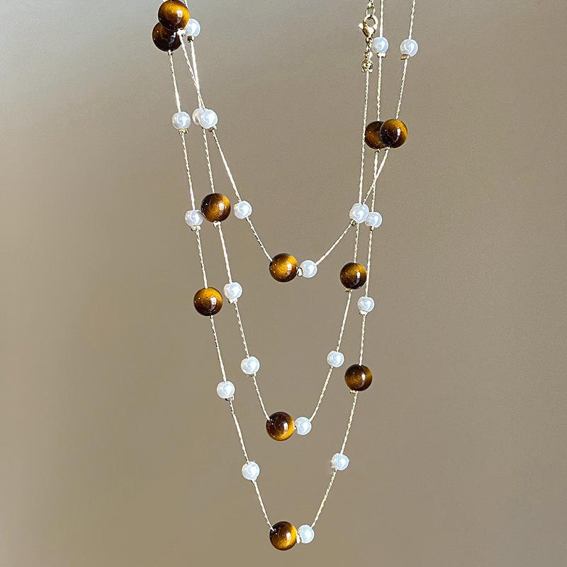 Vintage Maillard Přírodní tygří oko Choker náhrdelník pro ženy Skládané krční korálkové řetízky Šperky Dárek