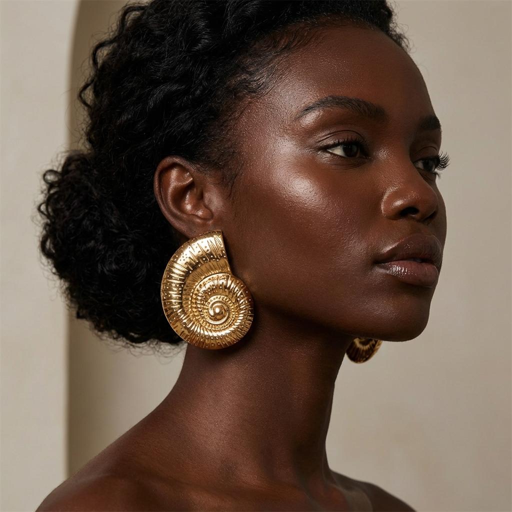 Ocean Style Large Metal Conch Shaped Stud Earrings for Women Fashionable Gold Plated Earring Summer Beach Dance Party Jewelry