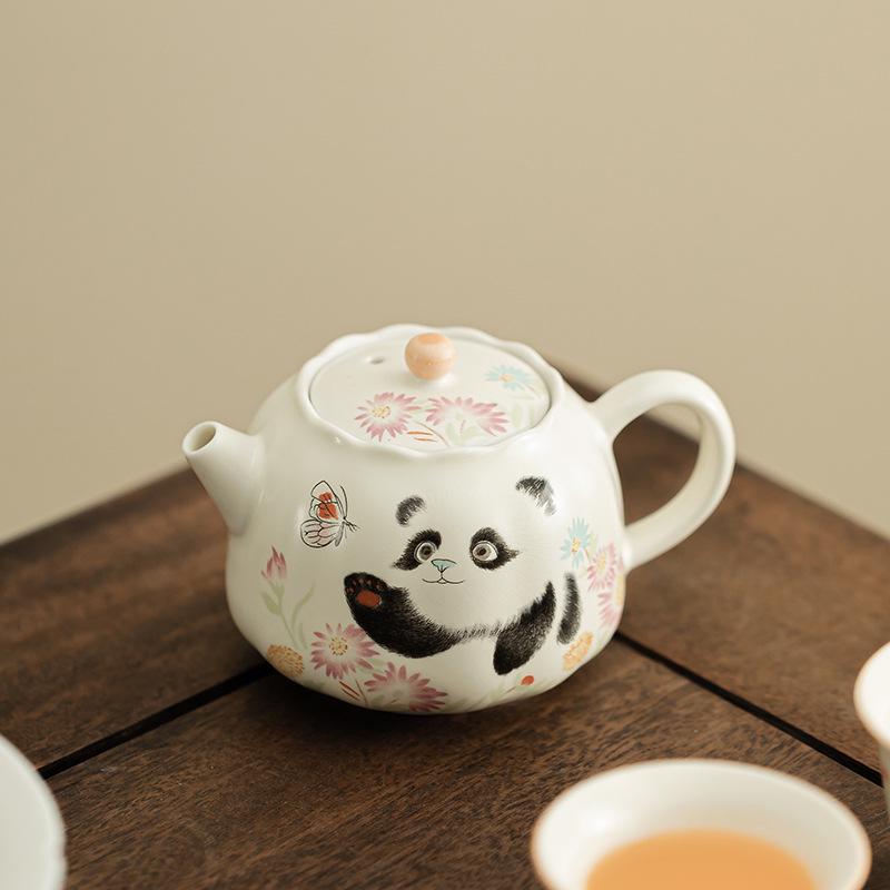 Panda & Butterfly Ceramic Teapot in Beige - Kung Fu Tea Set with Filter