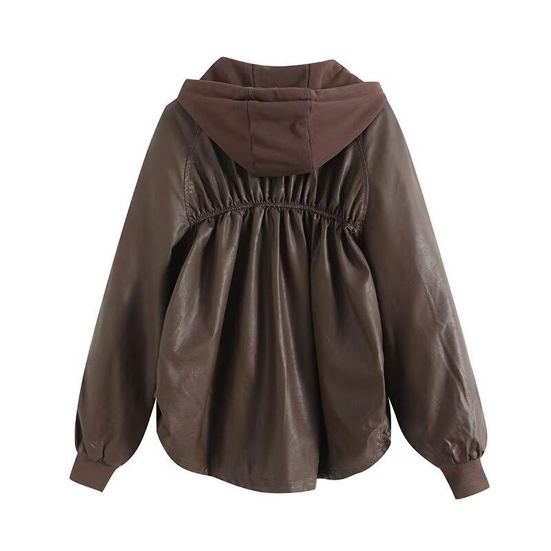 2024 Autumn Women's European & American Style Faux Leather Hooded Sweatshirt Coat