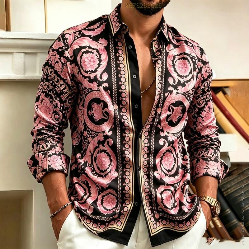 Men's Shirt Baroque Black Gold Printed Long Sleeved Shirt Slim Fit Collar Lining Casual Men's Clothing Comfortable Fabric