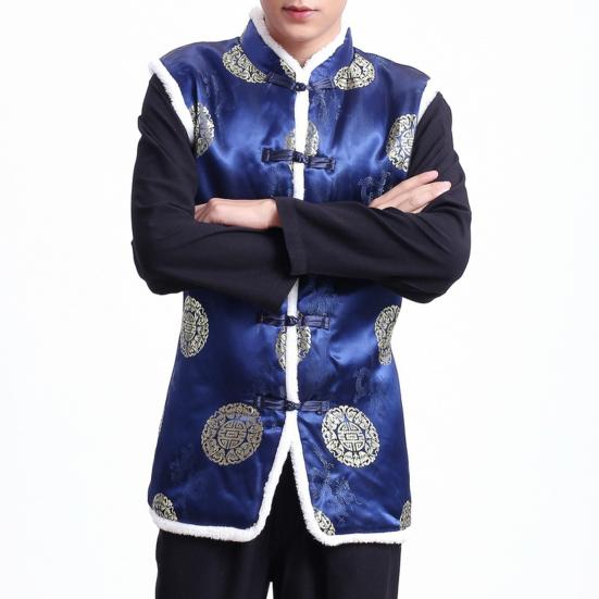 Stand Collar Sleeveless Disc Buckles Furry Trim Tang Suit Vest Men Winter Chinese New Year Tang Suit Waistcoat Outerwear