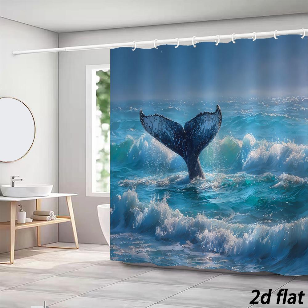 Whale Tail Shower Curtain – Majestic Fluke In Ocean Waves, 2D Flat, 12 Hooks, 70.8×70.8 In, Polyester, Machine Washable