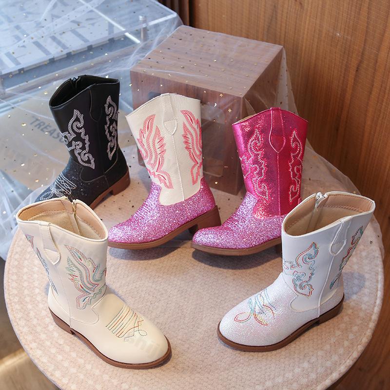 Botas para Niña Botas de Nieve para Niños Pequeños Caña Media Brillo Botas Vaqueras Estilo Western Otoño Niños Mayores Niñas para Montar Botas Talla 27-36 Zapatos para Niños