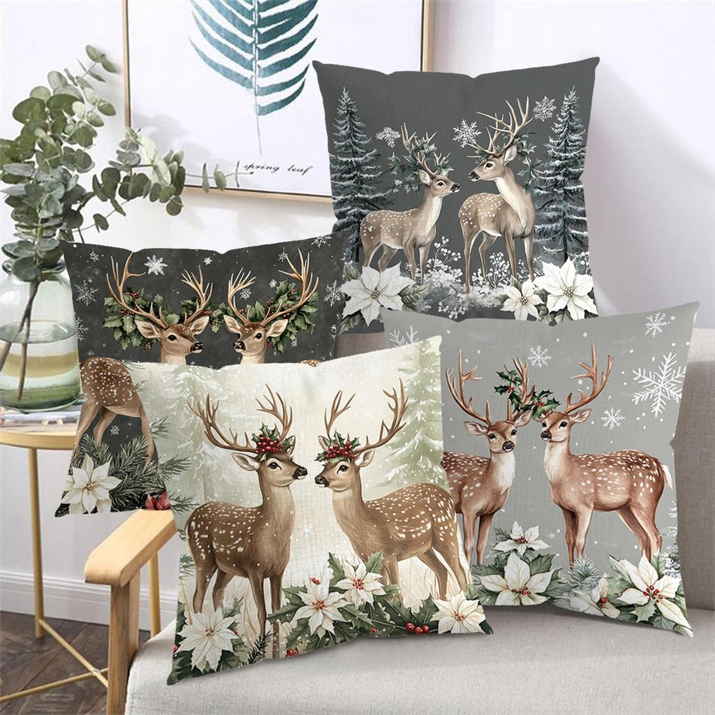 2D Flat Printing Christmas Deer Pillows With Snowflake And Flowers Polyester Pillowcase, Sofa Decorative Cushion Cov